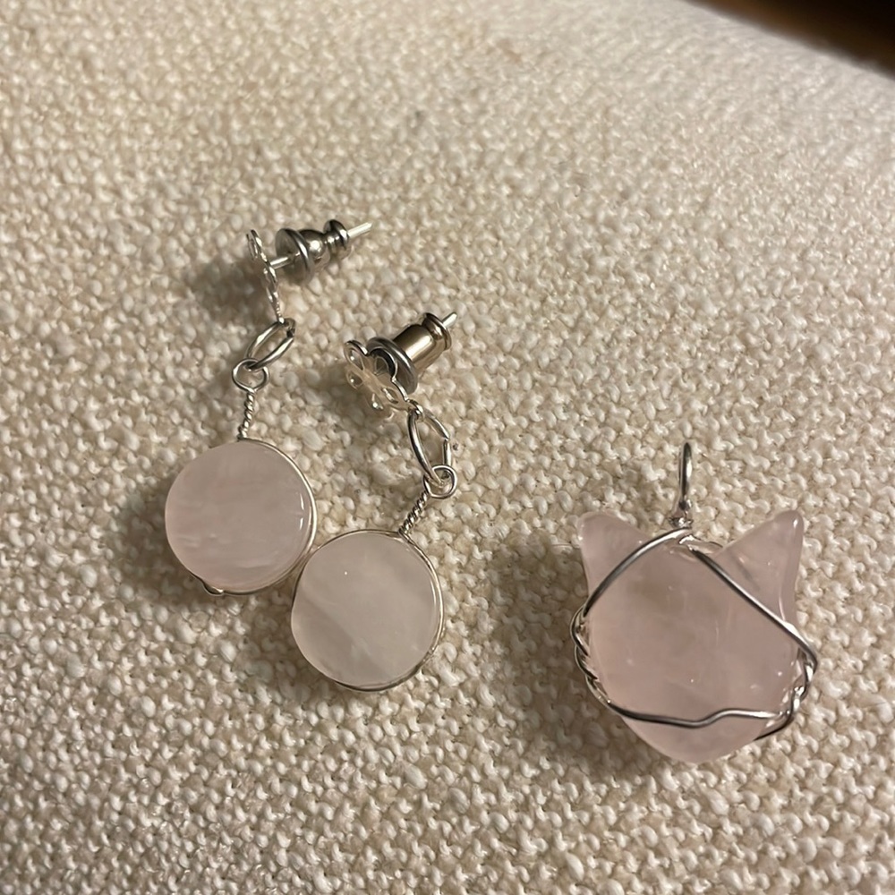 SS and pink stone Earring and Pendant Set